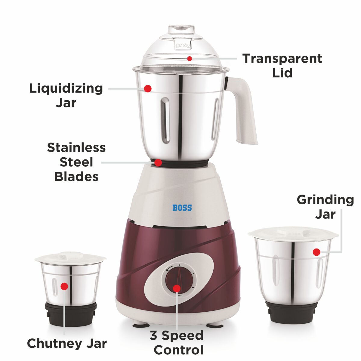 BOSS Thunder 550W Mixer Grinder with Powerful Motor, 3 SS Jars, 5 years warranty*